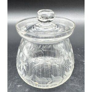 VTG Etched Glass Crystal Preserve Marmalade Jam Honey Jar Lidded Pot Retro 4”